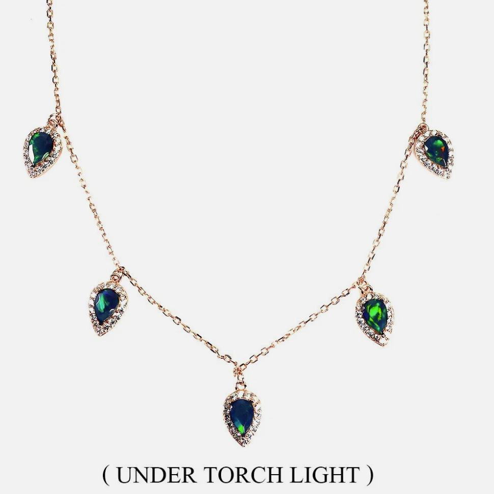 Natural Black Opal Station Necklace 14K Rose Gold Plated 925 Sterling Silver Halo Drop Pear Cut Fire Opal, Size 18