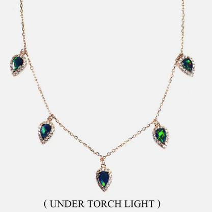Natural Black Opal Station Necklace 14K Rose Gold Plated 925 Sterling Silver Halo Drop Pear Cut Fire Opal, Size 18