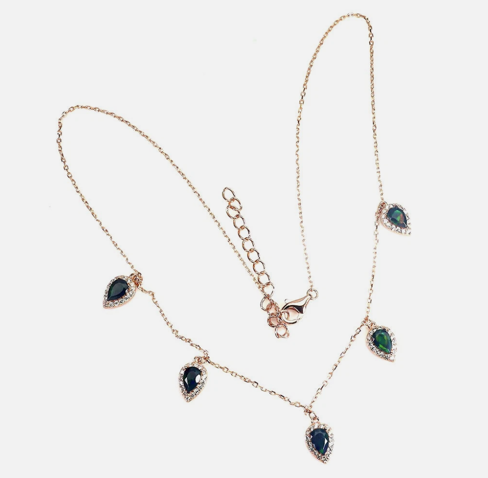 Natural Black Opal Station Necklace 14K Rose Gold Plated 925 Sterling Silver Halo Drop Pear Cut Fire Opal, Size 18
