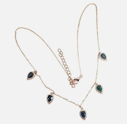 Natural Black Opal Station Necklace 14K Rose Gold Plated 925 Sterling Silver Halo Drop Pear Cut Fire Opal, Size 18