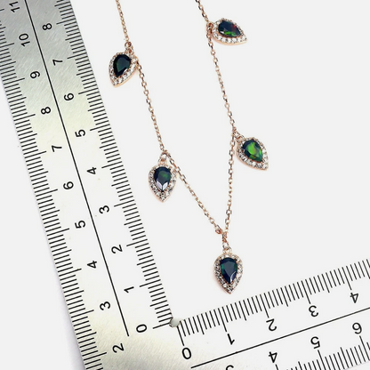 Natural Black Opal Station Necklace 14K Rose Gold Plated 925 Sterling Silver Halo Drop Pear Cut Fire Opal, Size 18