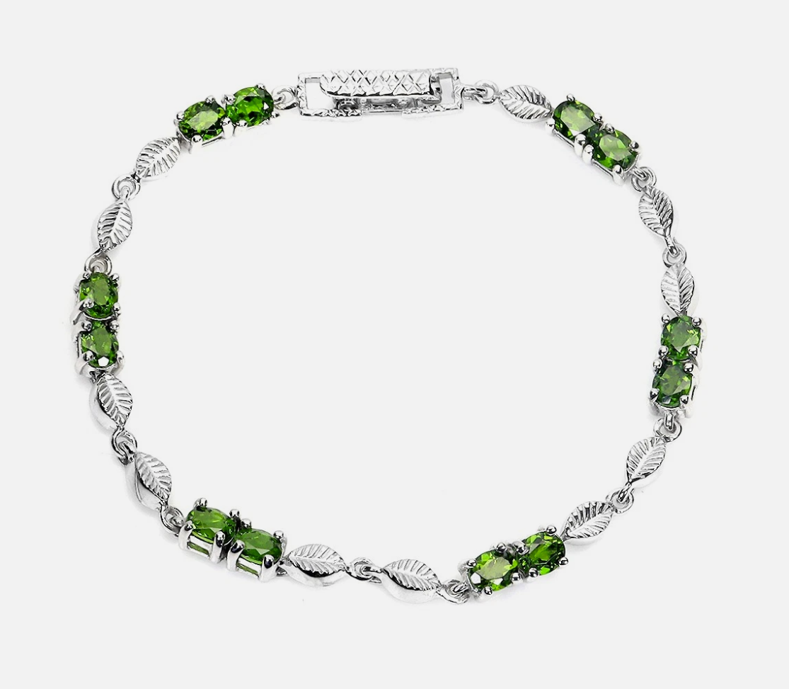 Natural Chrome Diopside Leaf Bracelet 14K White Gold Plated 925 Sterling Silver, Oval Cut IF Clarity Green Gemstone, Size 7.5