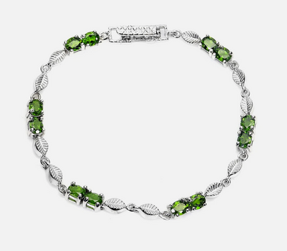 Natural Chrome Diopside Leaf Bracelet 14K White Gold Plated 925 Sterling Silver, Oval Cut IF Clarity Green Gemstone, Size 7.5