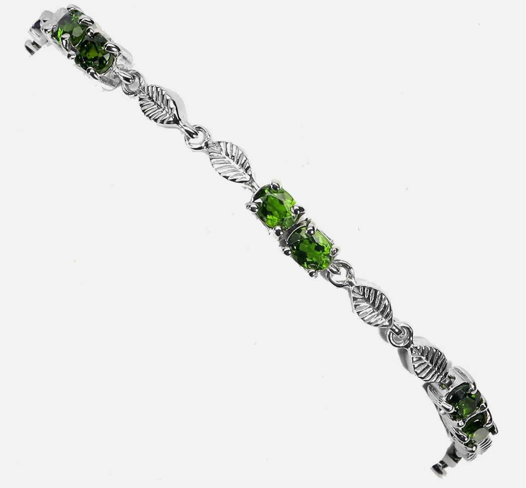 Natural Chrome Diopside Leaf Bracelet 14K White Gold Plated 925 Sterling Silver, Oval Cut IF Clarity Green Gemstone, Size 7.5