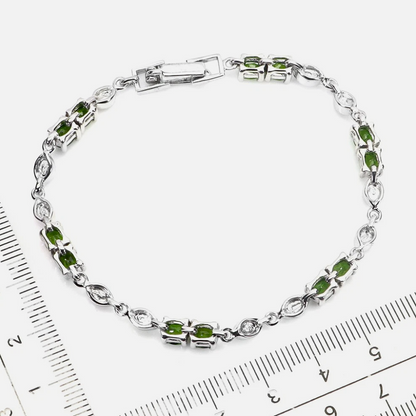 Natural Chrome Diopside Leaf Bracelet 14K White Gold Plated 925 Sterling Silver, Oval Cut IF Clarity Green Gemstone, Size 7.5