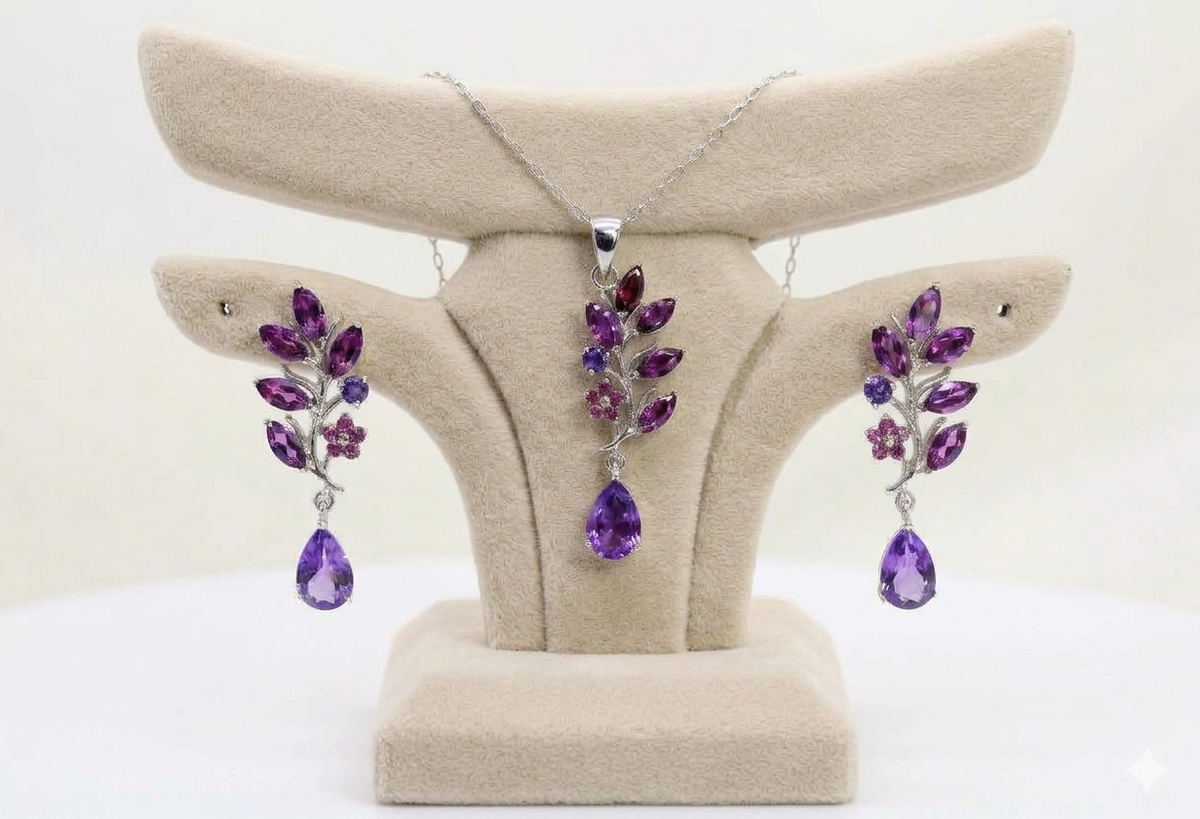 Enchanted Orchard: Natural Amethyst & Rhodolite Garnet Jewelry Set (with 18" Sterling Silver Anchor Chain)