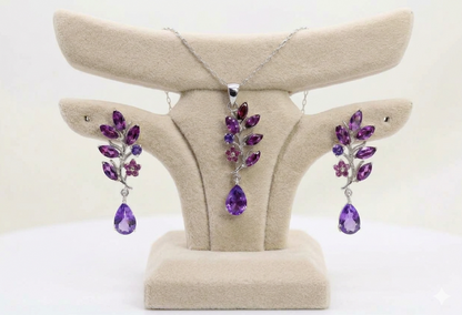 Enchanted Orchard: Natural Amethyst & Rhodolite Garnet Jewelry Set (with 18" Sterling Silver Anchor Chain)