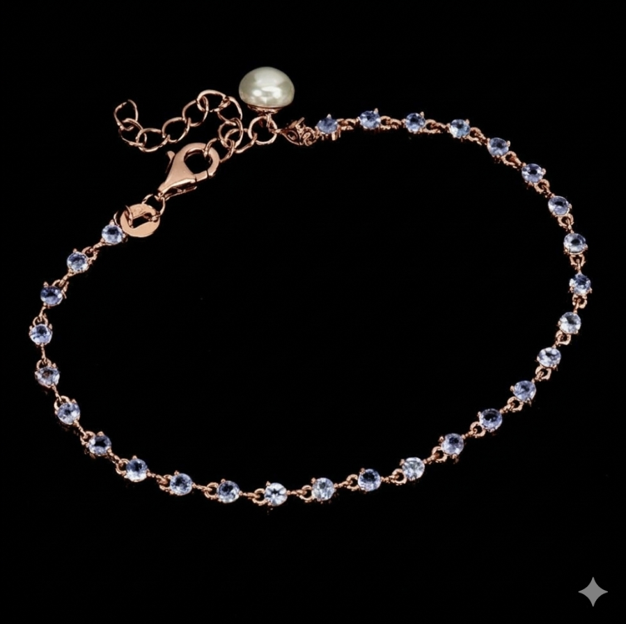 Stunning Natural Tanzanite &amp; Pearl Tennis-Style Chain Bracelet (14k Rose Gold over 925 Sterling Silver)