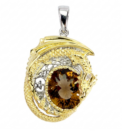 Mythical Dragon's Heart Natural Cognac Quartz Statement Pendant (14k Two-Tone Gold over 925 Sterling Silver)