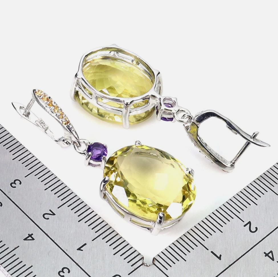 Imperial Lemon Quartz & Amethyst Statement Drop Earrings (14k White Gold over 925 Sterling Silver)