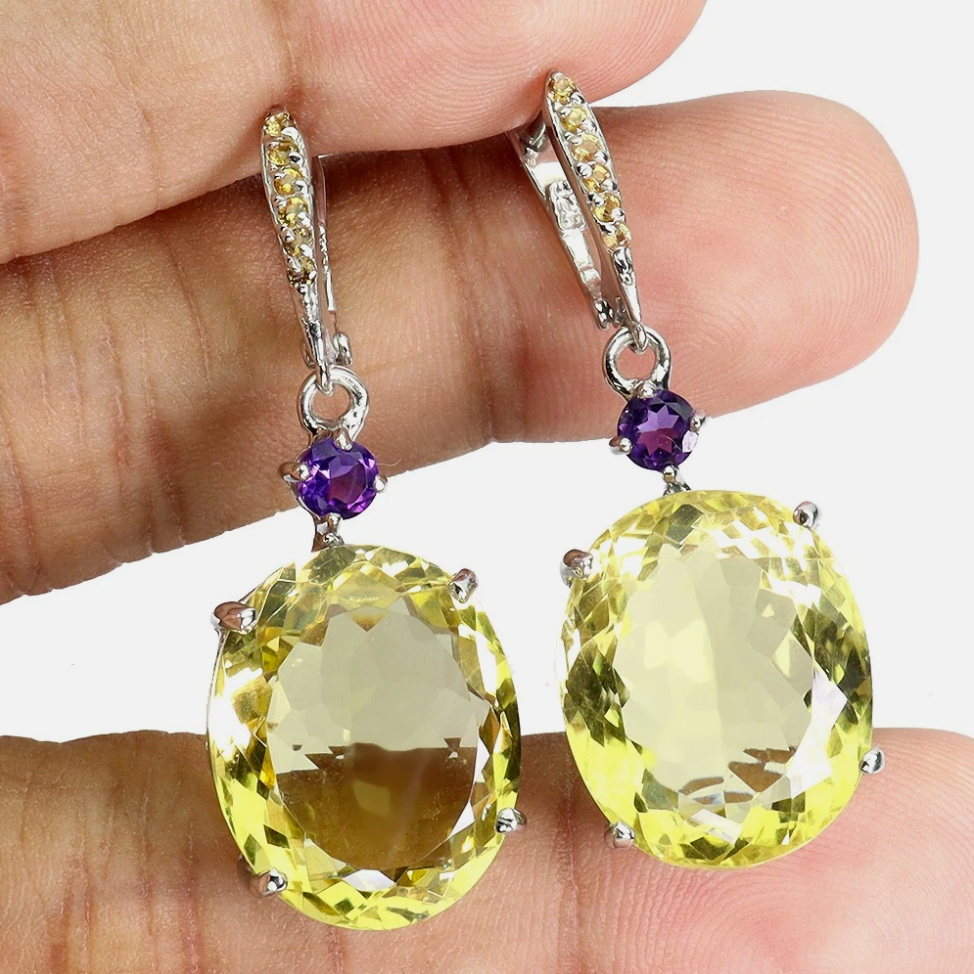 Imperial Lemon Quartz & Amethyst Statement Drop Earrings (14k White Gold over 925 Sterling Silver)