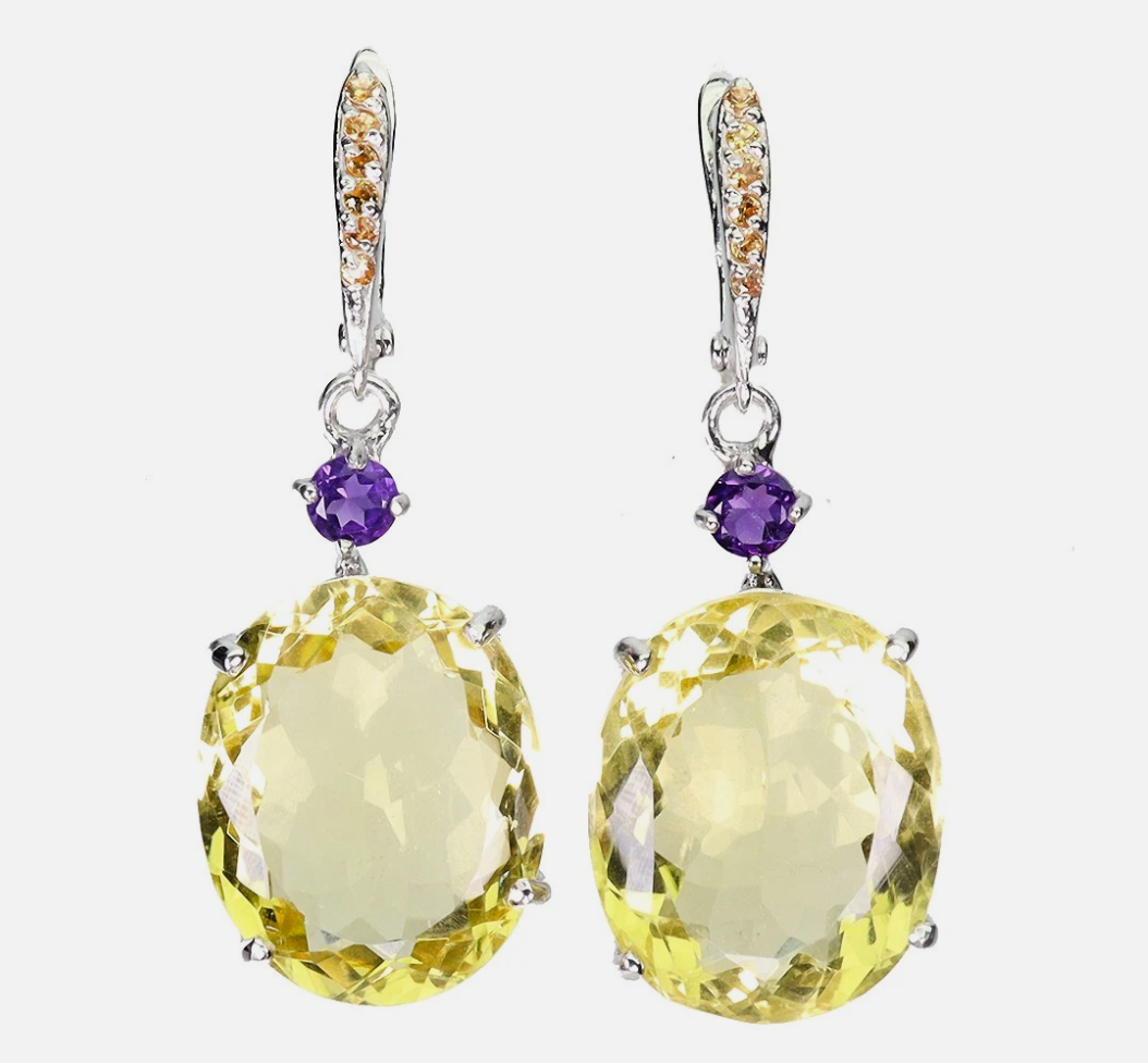 Imperial Lemon Quartz & Amethyst Statement Drop Earrings (14k White Gold over 925 Sterling Silver)