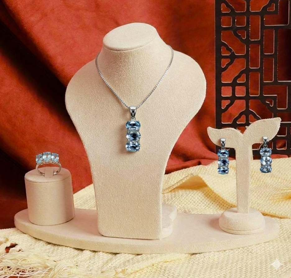 Natural Sky Blue Topaz Flawless 3-Piece Jewelry Suite – Ring (Size 9), Drop Earrings, & Pendant with 18" Sterling Silver Anchor Chain