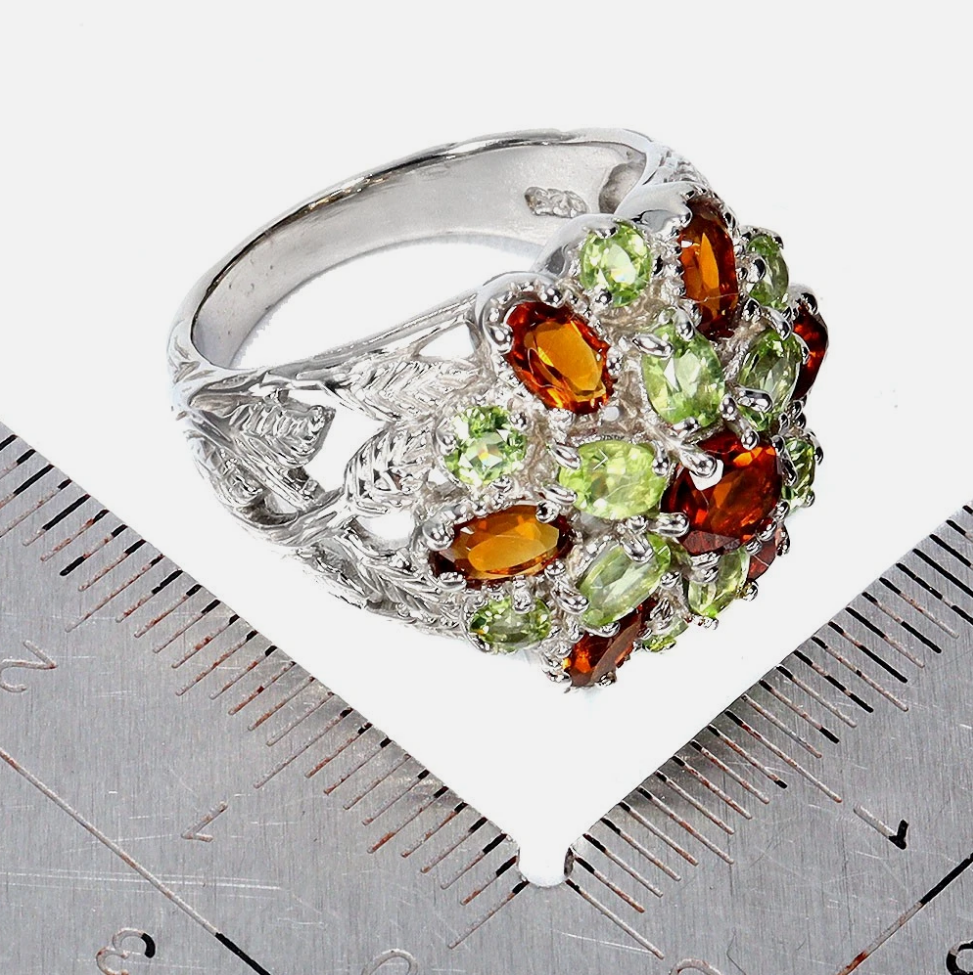 Natural Citrine & Peridot Floral Cluster Ring (14K White Gold over .925 Silver)
