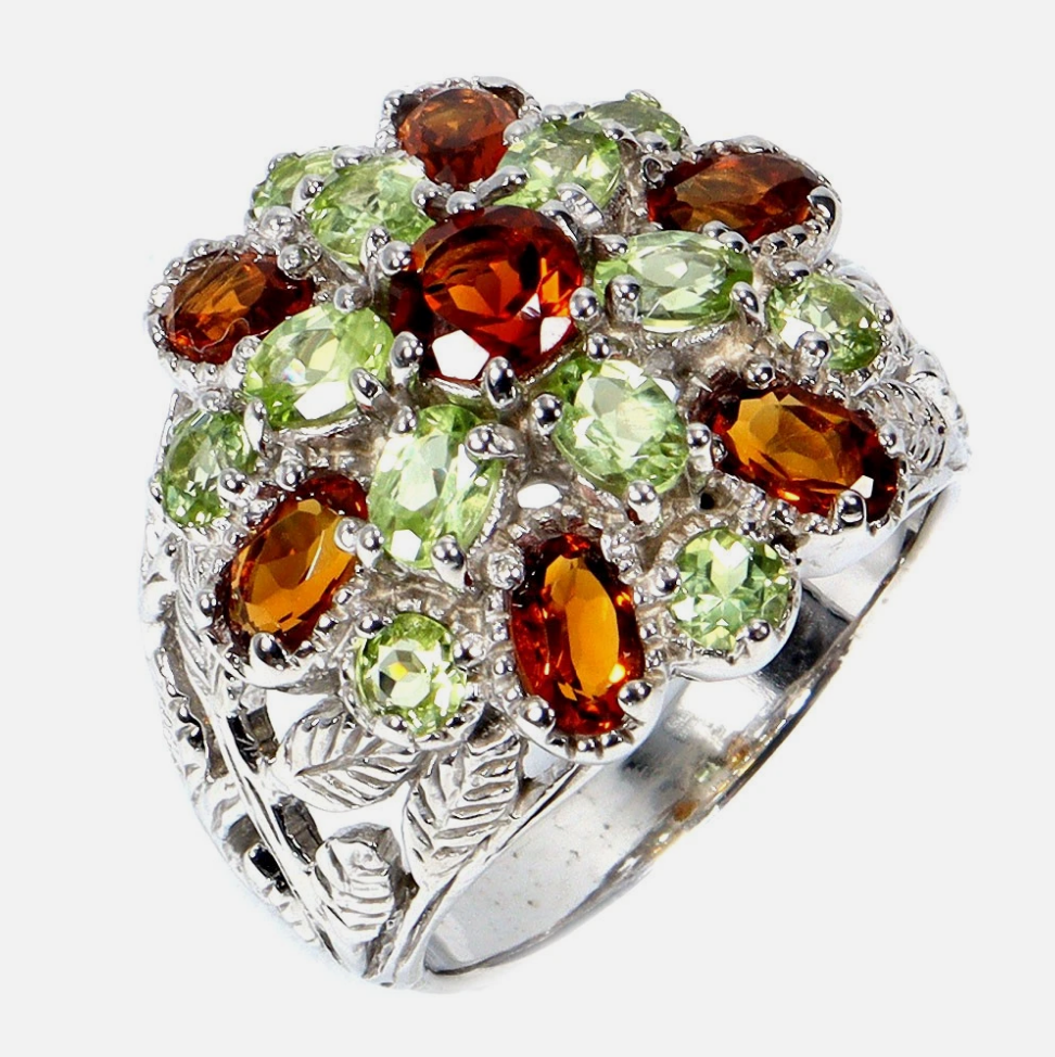Natural Citrine & Peridot Floral Cluster Ring (14K White Gold over .925 Silver)