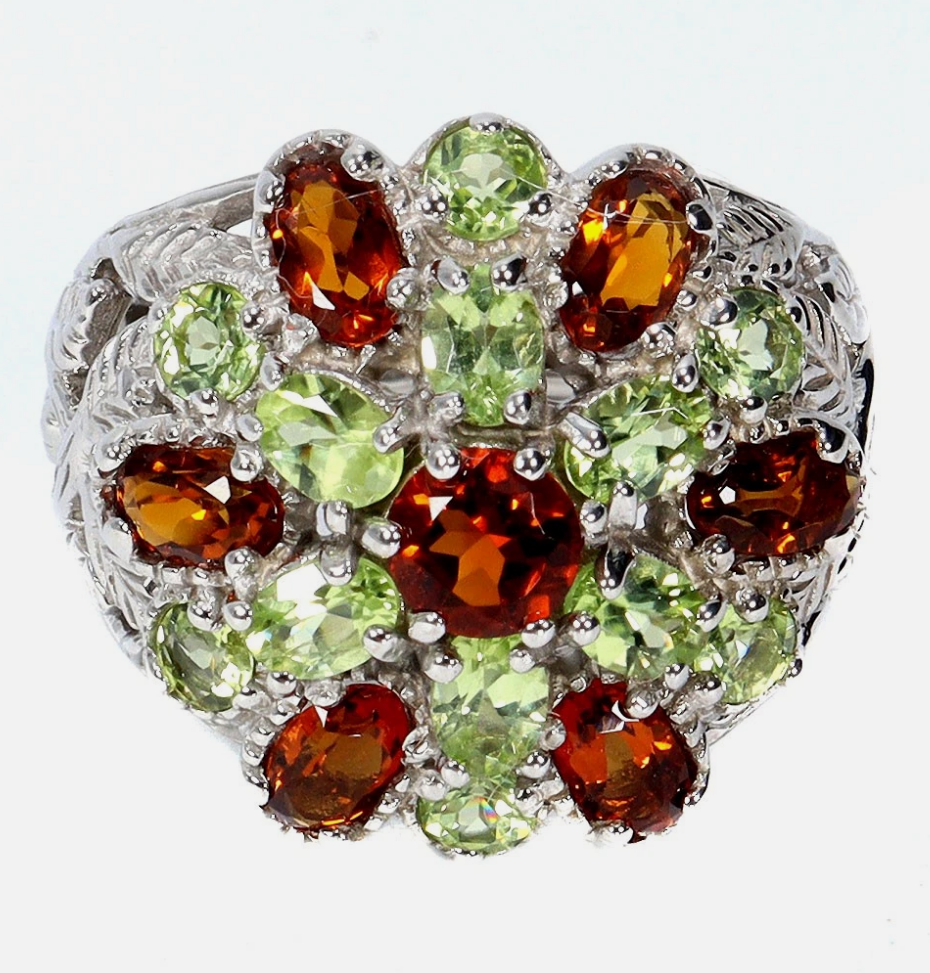 Natural Citrine & Peridot Floral Cluster Ring (14K White Gold over .925 Silver)