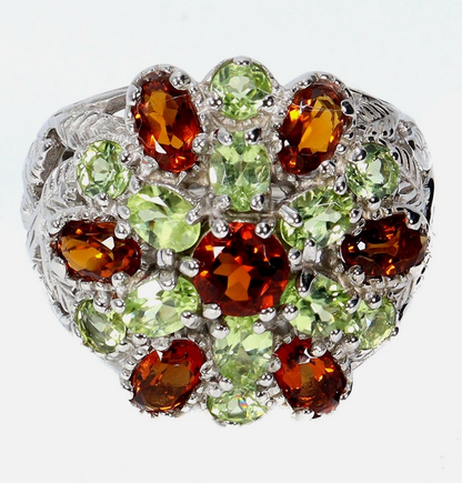 Natural Citrine & Peridot Floral Cluster Ring (14K White Gold over .925 Silver)