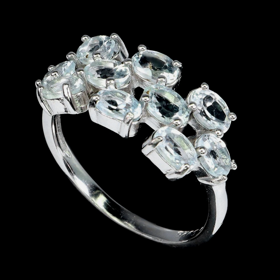 Natural Brazilian Aquamarine Multi-Stone Cluster Ring 7.5 (14K White Gold over .925 Silver)