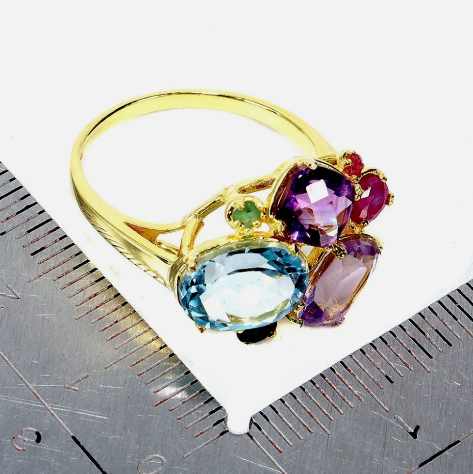 Natural Multi-Gem Rainbow Cluster Ring 7 (14K Yellow Gold over .925 Silver)
