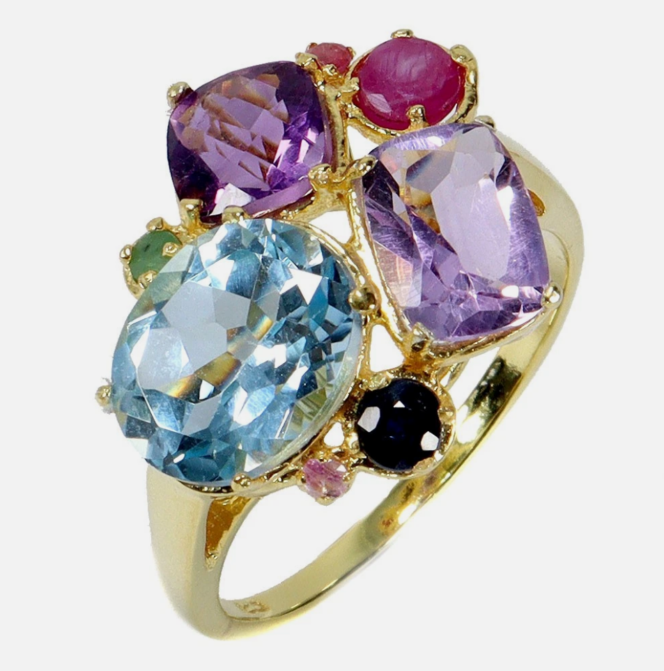 Natural Multi-Gem Rainbow Cluster Ring 7 (14K Yellow Gold over .925 Silver)