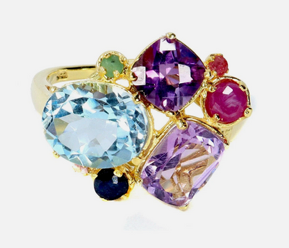 Natural Multi-Gem Rainbow Cluster Ring 7 (14K Yellow Gold over .925 Silver)