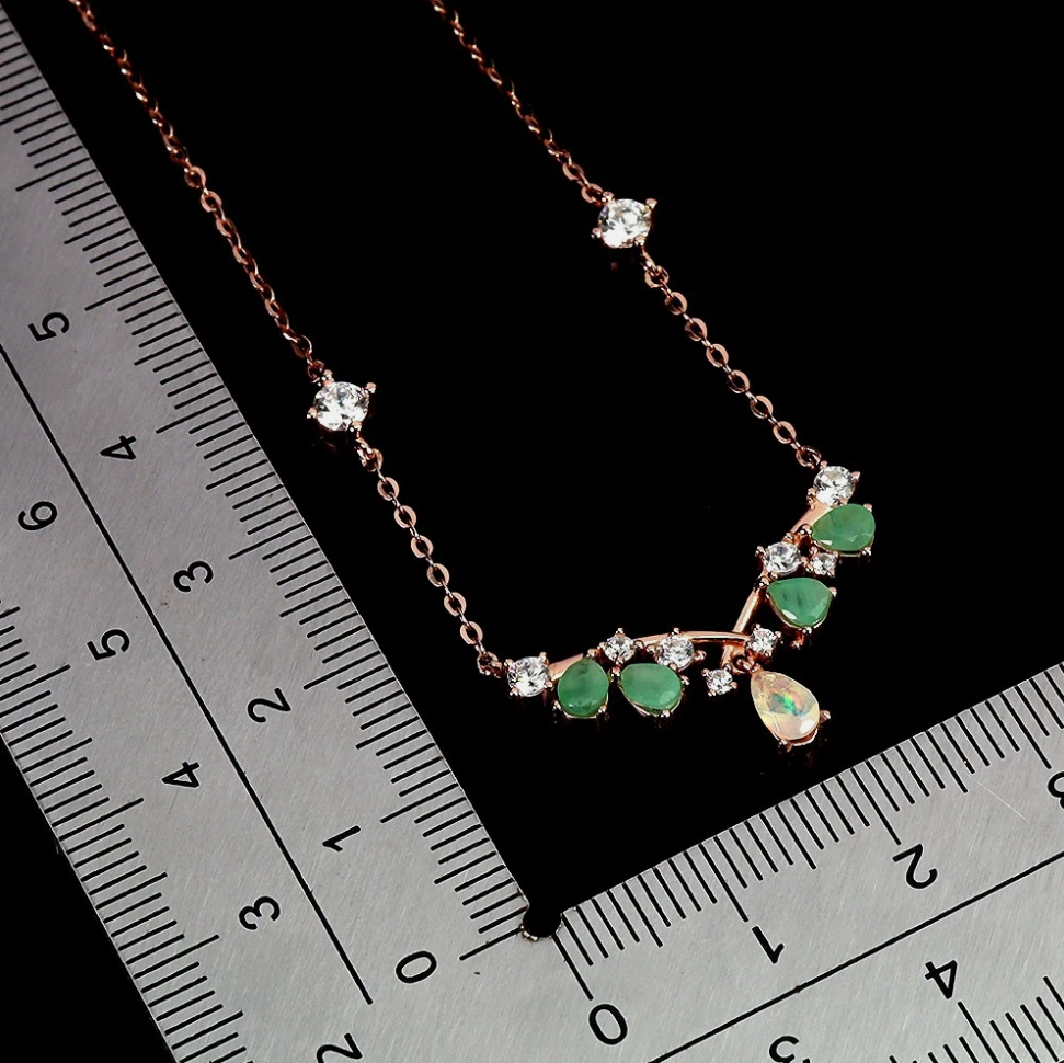 Natural Ethiopian Fire Opal &amp; Emerald Chevron Drop Necklace (14K Rose Gold over .925 Silver)