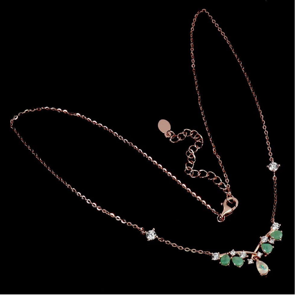 Natural Ethiopian Fire Opal &amp; Emerald Chevron Drop Necklace (14K Rose Gold over .925 Silver)