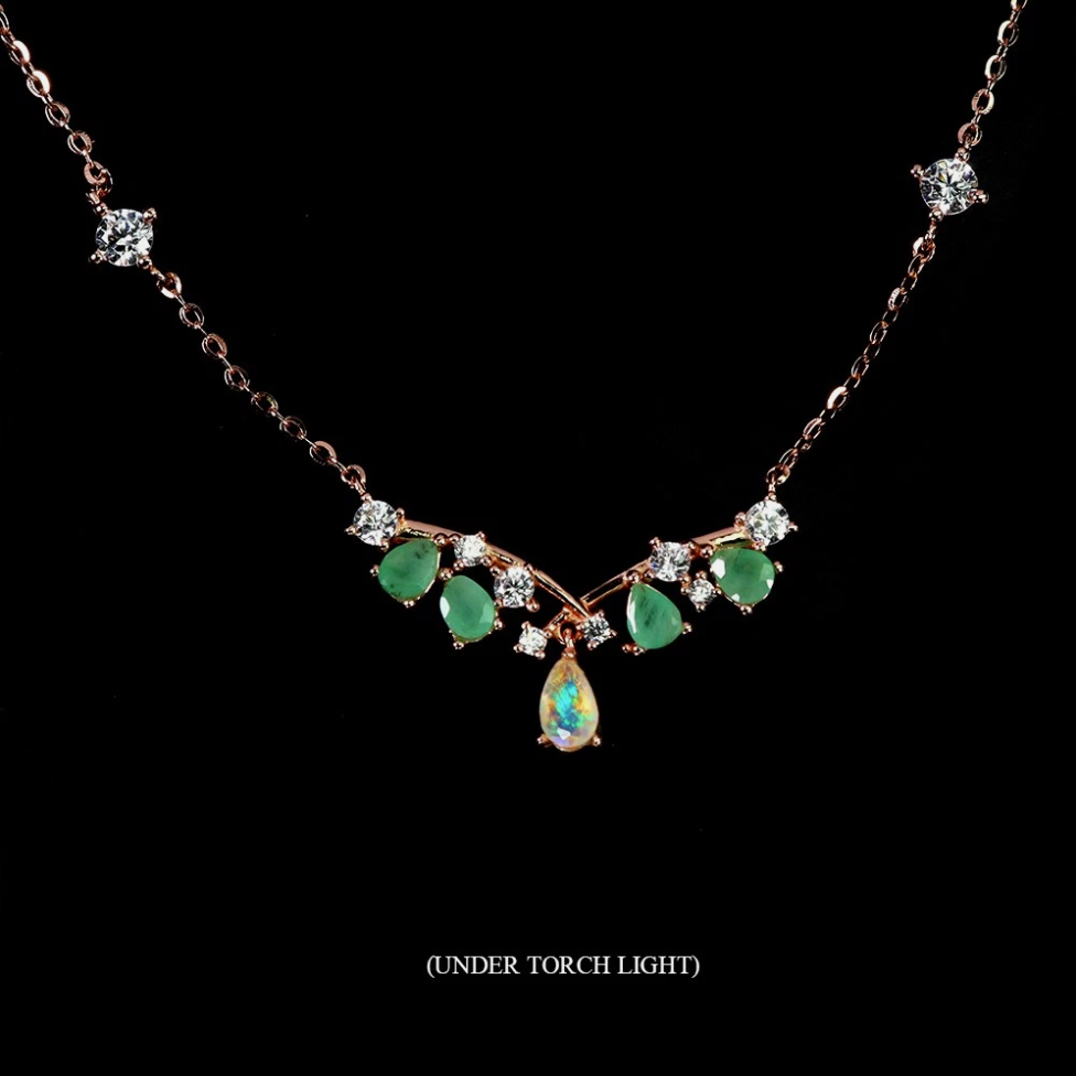 Natural Ethiopian Fire Opal &amp; Emerald Chevron Drop Necklace (14K Rose Gold over .925 Silver)