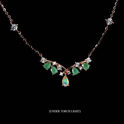 Natural Ethiopian Fire Opal &amp; Emerald Chevron Drop Necklace (14K Rose Gold over .925 Silver)