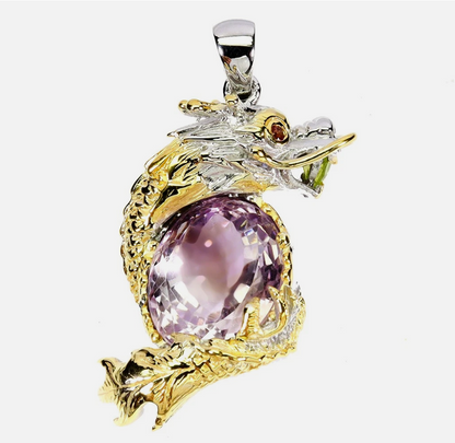 The Imperial Dragon Natural Brazilian Ametrine Talisman Pendant (14K Two-Tone Gold over .925 Silver)