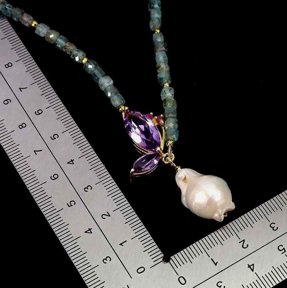 Ocean Mist & Twilight Flora Necklace – Natural Aquamarine, Uruguayan Amethyst & 20mm Baroque Flame Pearl Pendant (.925 Sterling Silver / 14K Gold Finish)