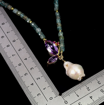 Ocean Mist & Twilight Flora Necklace – Natural Aquamarine, Uruguayan Amethyst & 20mm Baroque Flame Pearl Pendant (.925 Sterling Silver / 14K Gold Finish)