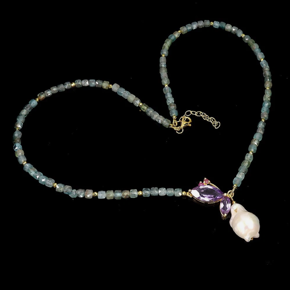 Ocean Mist & Twilight Flora Necklace – Natural Aquamarine, Uruguayan Amethyst & 20mm Baroque Flame Pearl Pendant (.925 Sterling Silver / 14K Gold Finish)