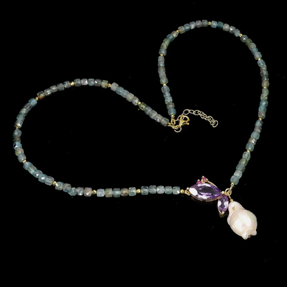 Ocean Mist & Twilight Flora Necklace – Natural Aquamarine, Uruguayan Amethyst & 20mm Baroque Flame Pearl Pendant (.925 Sterling Silver / 14K Gold Finish)