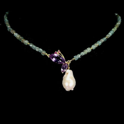 Ocean Mist & Twilight Flora Necklace – Natural Aquamarine, Uruguayan Amethyst & 20mm Baroque Flame Pearl Pendant (.925 Sterling Silver / 14K Gold Finish)