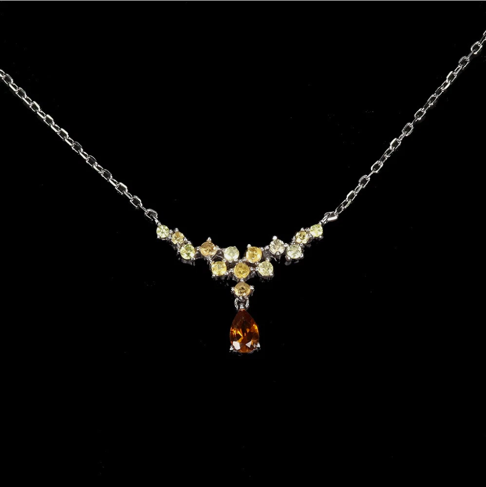 Brazilian Citrine & Multi-Tone Sapphire Cascade Necklace – Pear Cut Unheated Gems in 14K White Gold over .925 Sterling Silver