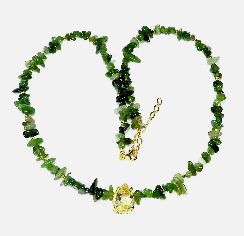 Natural Lemon Quartz & Green Jade Statement Necklace (14K Gold Over 925 Sterling Silver)