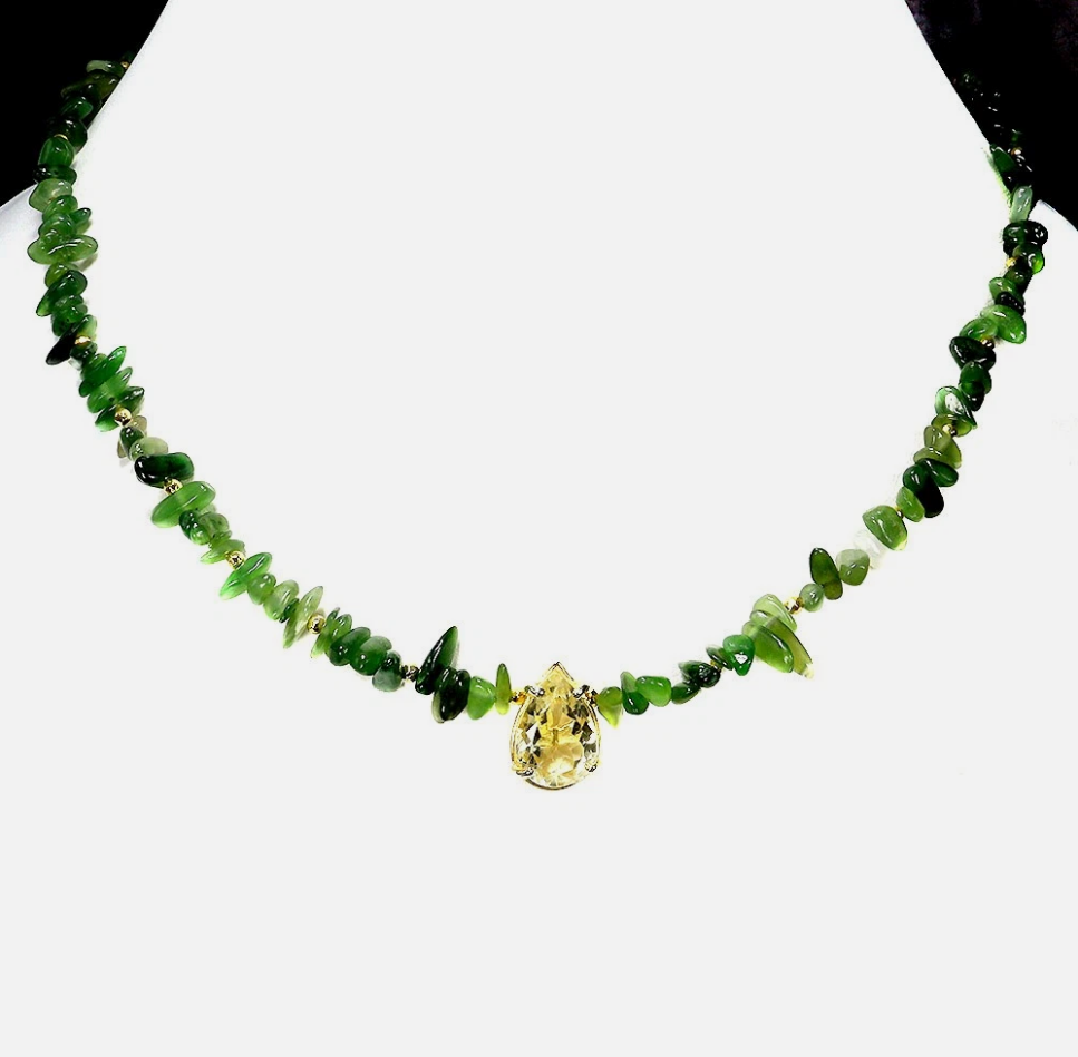 Natural Lemon Quartz & Green Jade Statement Necklace (14K Gold Over 925 Sterling Silver)