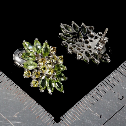 Pakistani Peridot & Golden Sapphire Starburst Stud Earrings – Unheated Marquise Gems in 14K White Gold over .925 Sterling Silver
