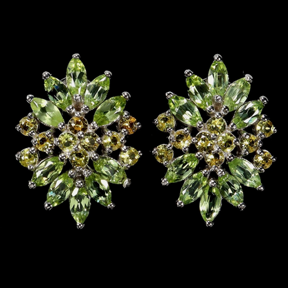 Pakistani Peridot & Golden Sapphire Starburst Stud Earrings – Unheated Marquise Gems in 14K White Gold over .925 Sterling Silver