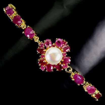 Natural African Ruby & Pearl Statement Link Bracelet – 14K Gold Over 925 Sterling Silver