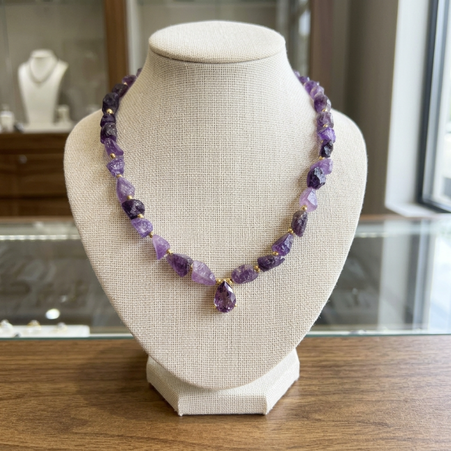 Natural Raw Amethyst Nugget Collar Necklace – 14x10mm Pear Faceted Drop in 14K Gold Plated 925 Sterling Silver
