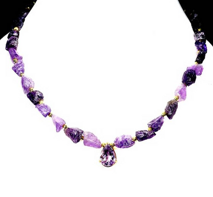 Natural Raw Amethyst Nugget Collar Necklace – 14x10mm Pear Faceted Drop in 14K Gold Plated 925 Sterling Silver