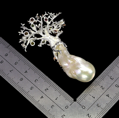925 Sterling Silver Brooch Round Tourmaline Pearl Tree Of Life
