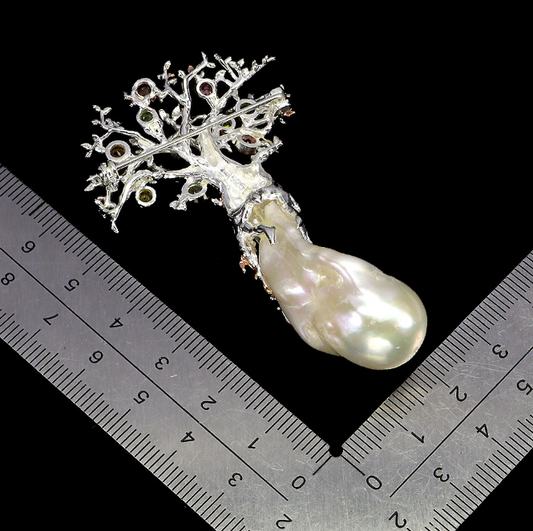 925 Sterling Silver Brooch Round Tourmaline Pearl Tree Of Life
