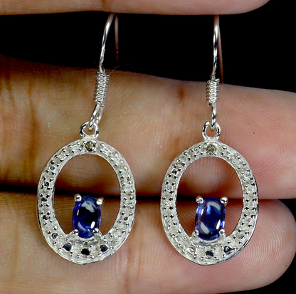 925 Sterling Silver Earrings Oval Kyanite 5x3mm White Topaz Gemstone Earrings