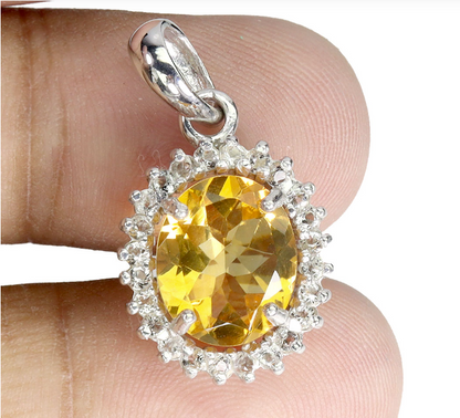 Oval Citrine 12x10mm White Topaz 925 Sterling Silver Pendant