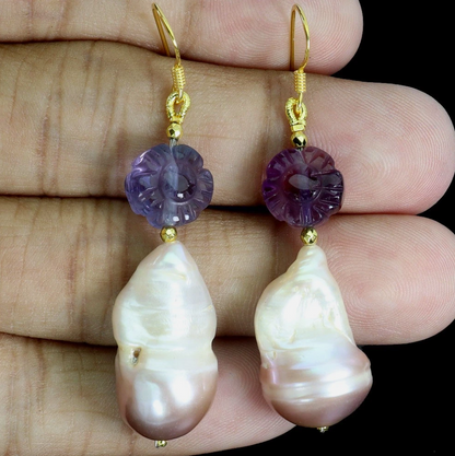 925 Sterling Silver Earrings Flower Carving Fluorite 10mm Pearl Gemstone Jewelry