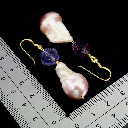 925 Sterling Silver Earrings Flower Carving Fluorite 10mm Pearl Gemstone Jewelry