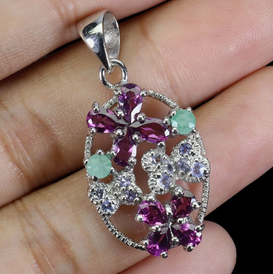 925 Sterling Silver Pendant Rhodolite Emerald Tanzanite